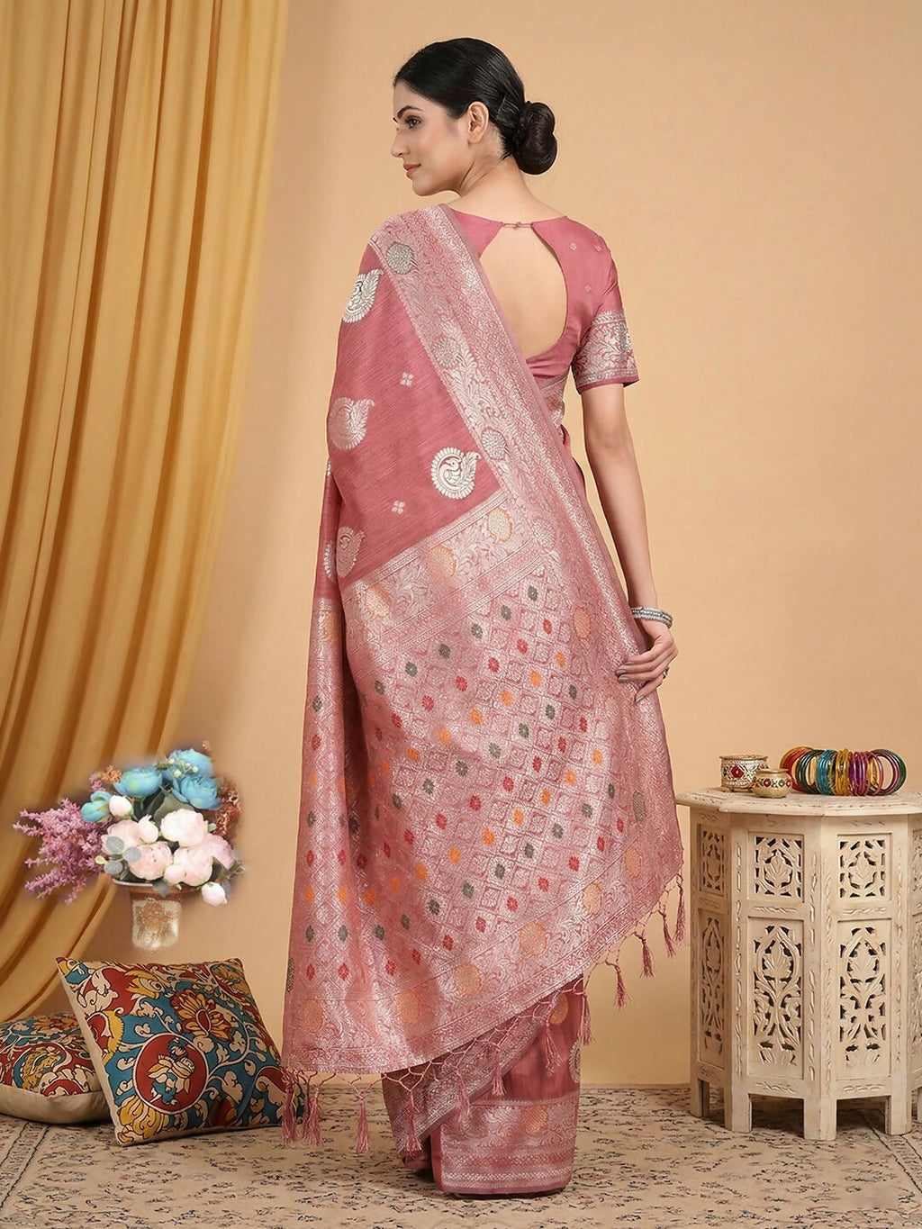 Pink Linen Cotton Saree for Daily and Casual Wear