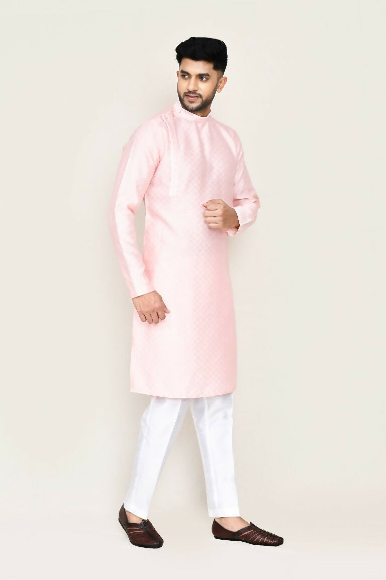 Pink Jacquard Silk Kurta Set with Straight Fit Pants