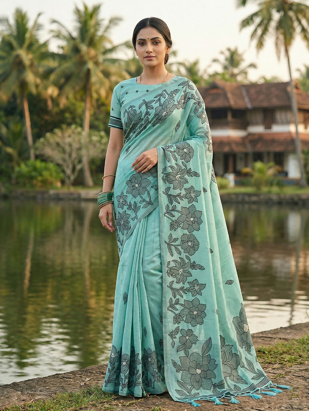 Sea green linen cotton saree with matching blouse piece