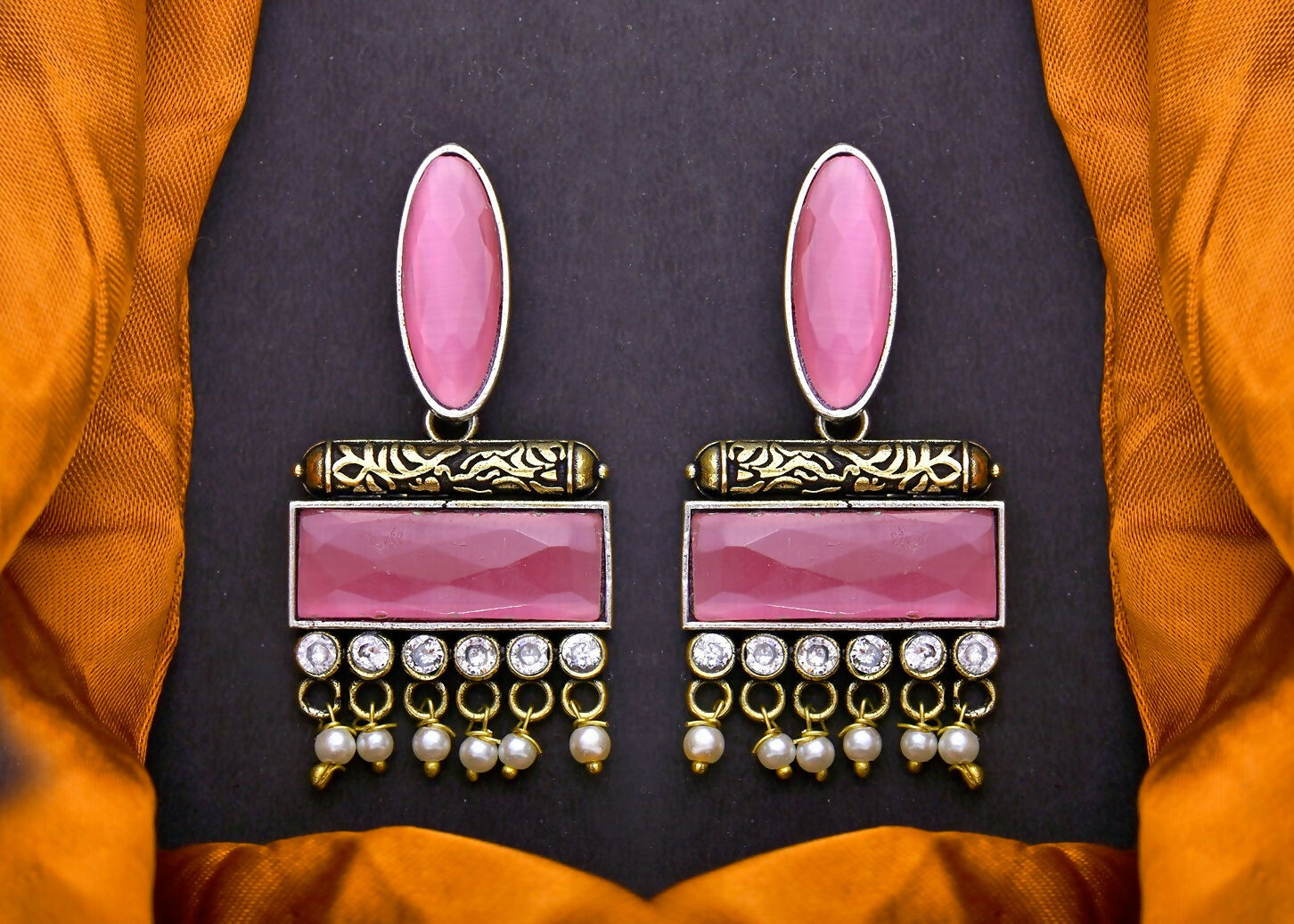Elegant Pink AD stone brass earrings by Dista for women, perfect for festive wear