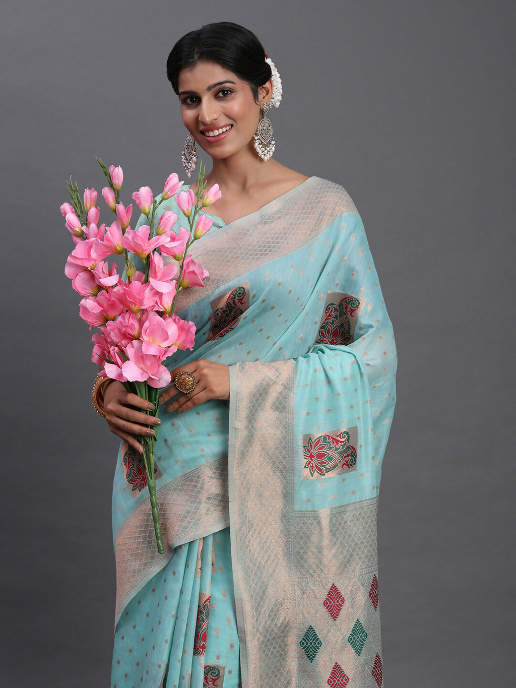 Sky Blue Linen Cotton Saree with Matching Blouse Piece