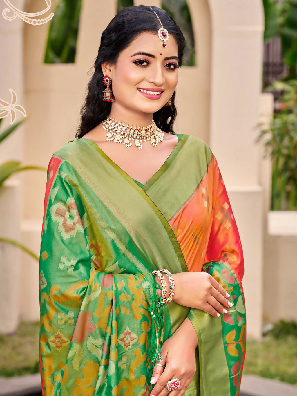 Orange Pochampalli Silk Saree with Green Blouse for Women