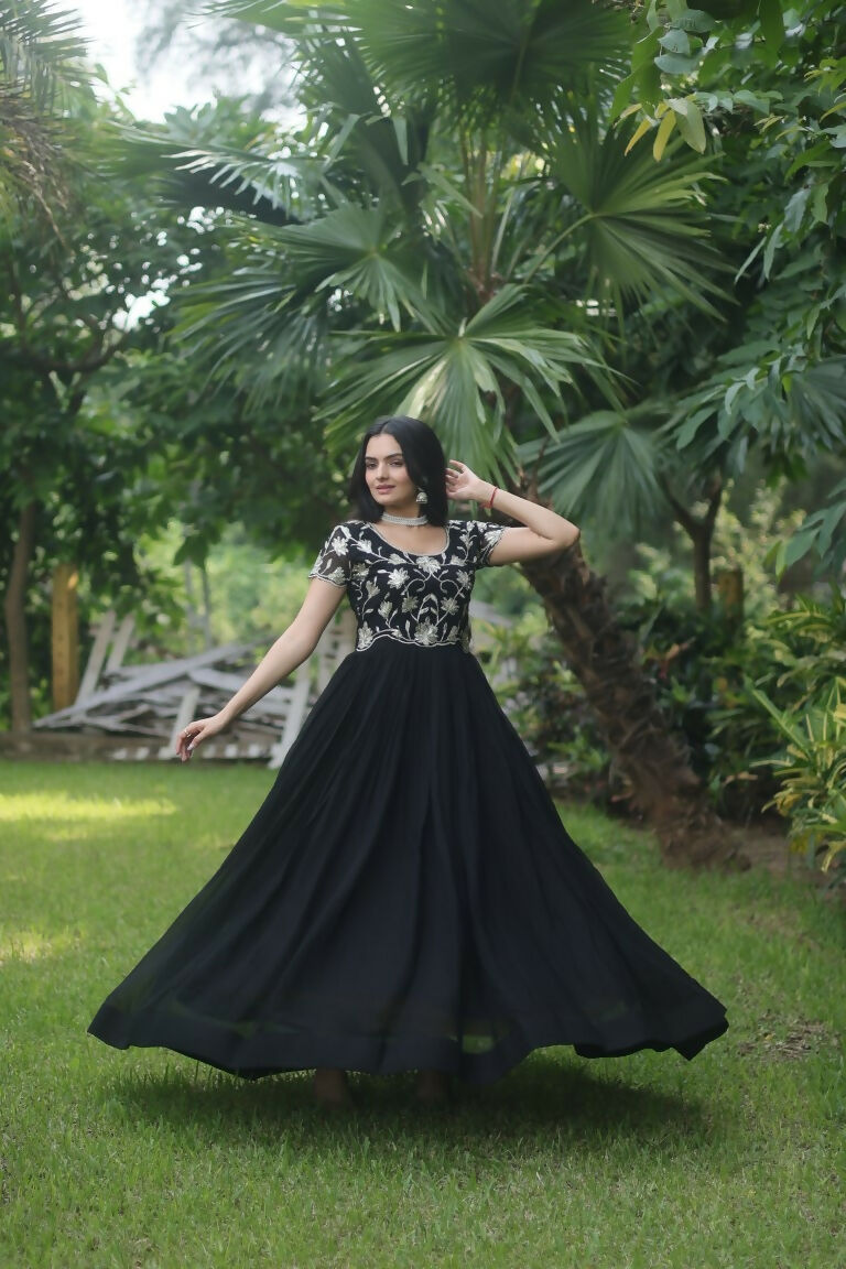 Women's Black Sequins Embroidered Faux Georgette Anarkali Dress