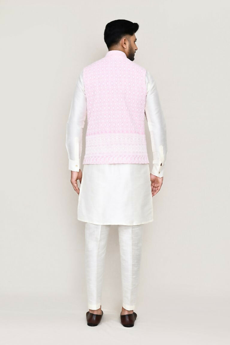White Art Silk Kurta Set with Matching Jacket and Straight Pants