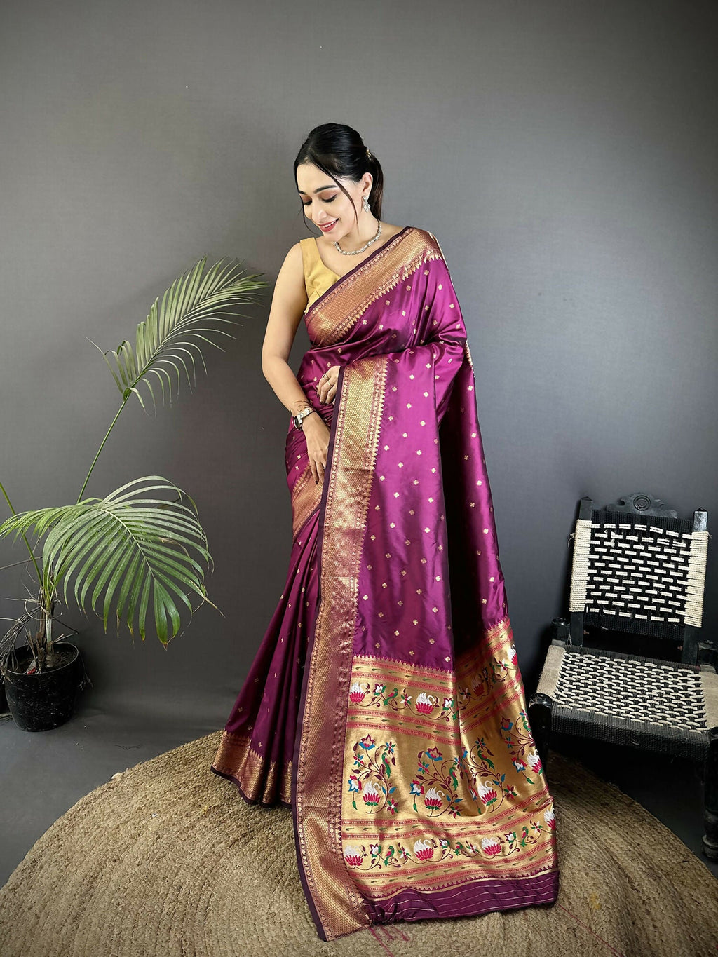 Elegant Wine colored woven soft Lichi silk Paithani saree with matching blouse piece