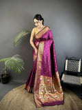 Elegant Wine colored woven soft Lichi silk Paithani saree with matching blouse piece