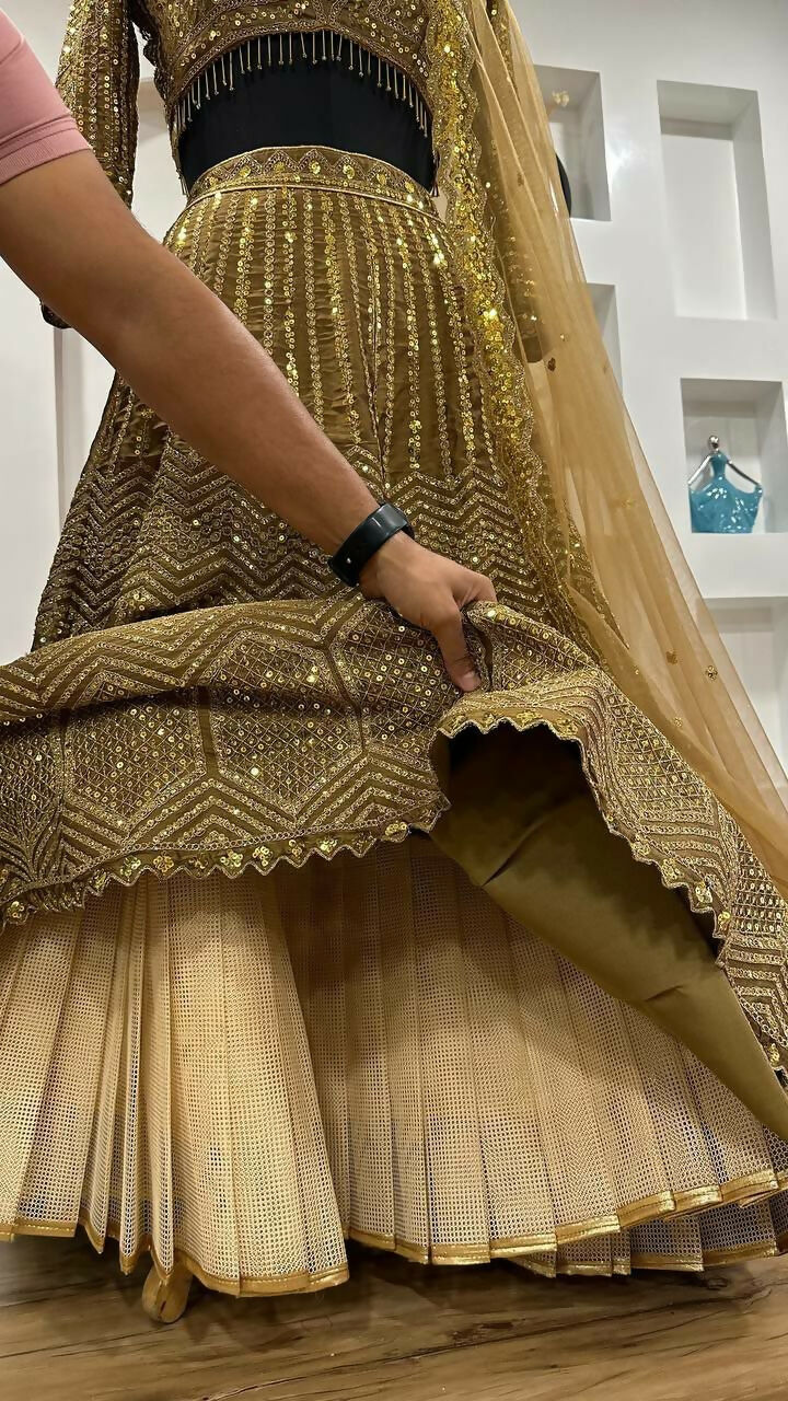 Beige Kasturi Silk Georgette Sequins and Dori Embroidered Lehenga