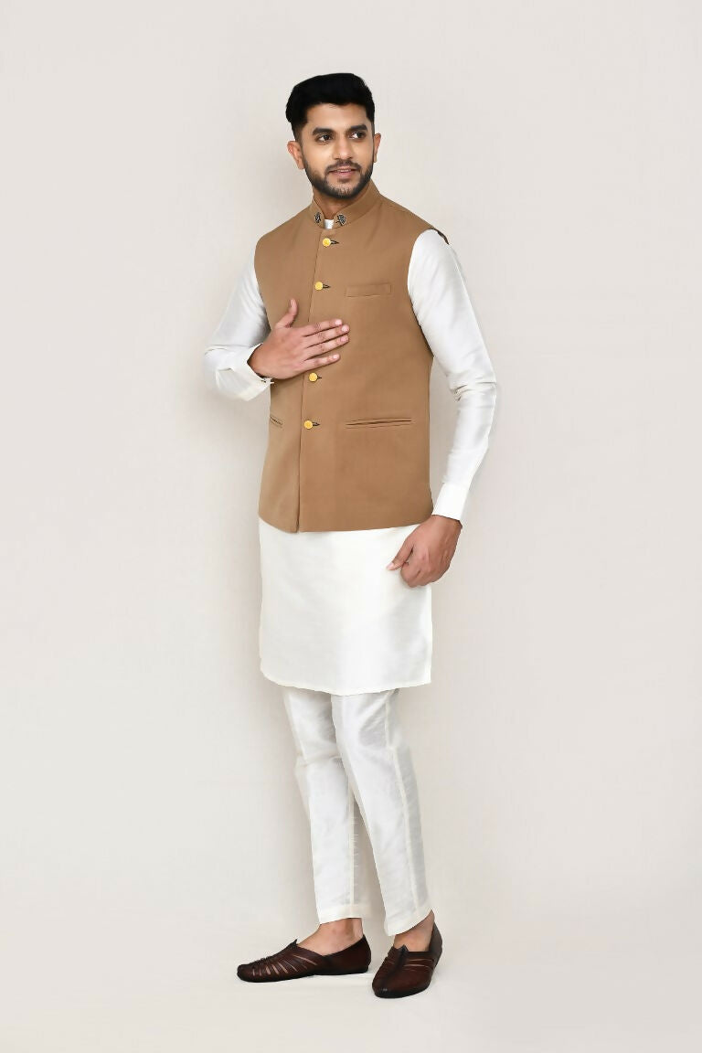 White Art Silk Kurta Set with Jacket and Straight Fit Pants