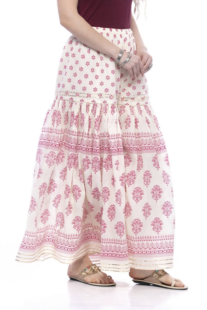 Off White and Maroon Cotton Block Print Palazzo with Lace Detail