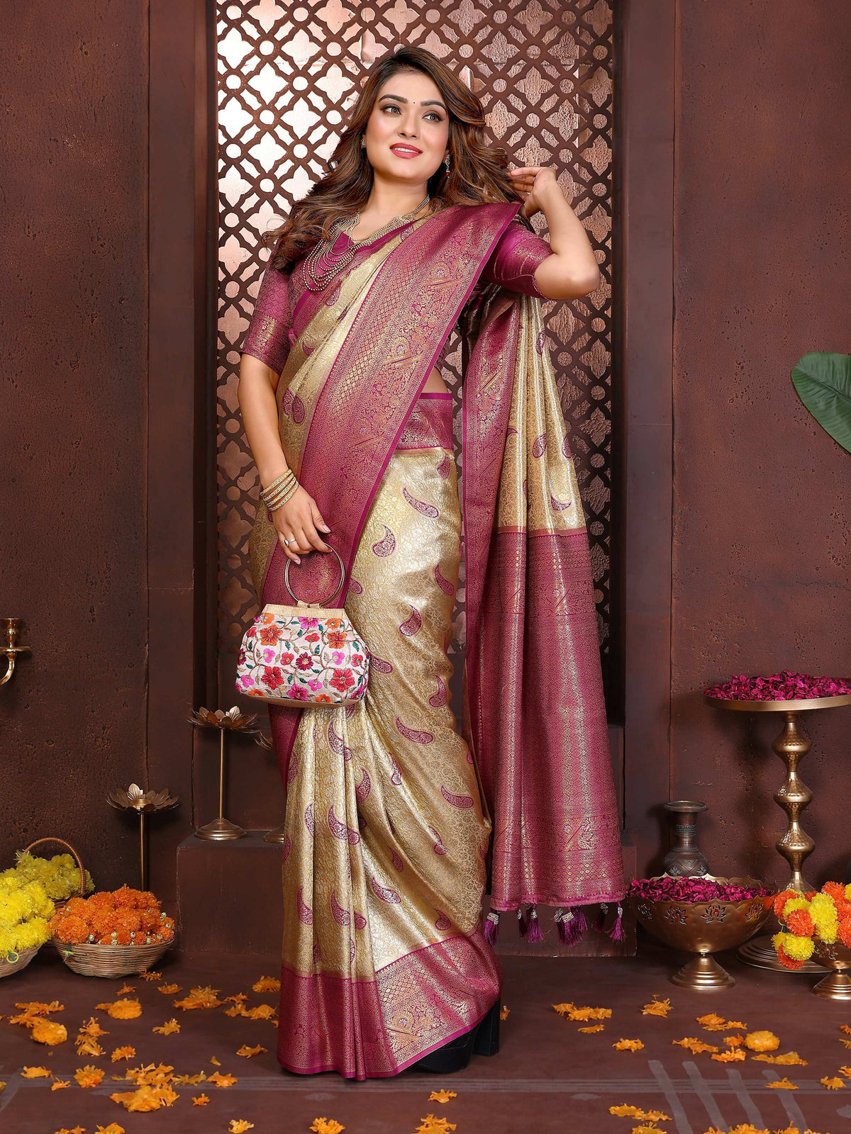 Mustard Tissue Silk Saree with Traditional Weaving