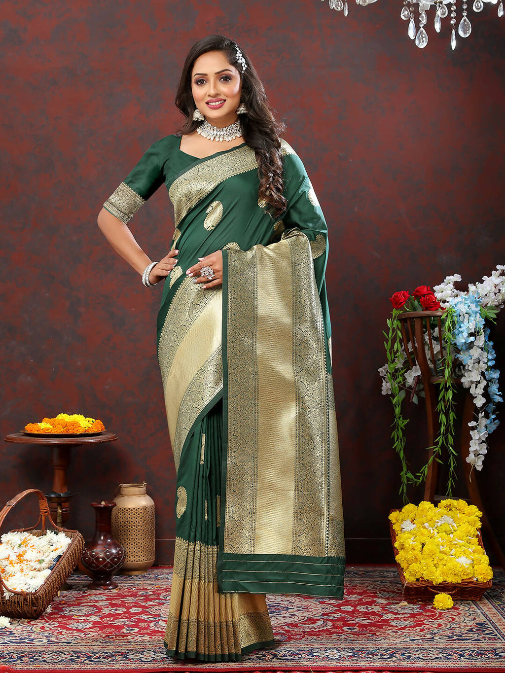 Green Soft Silk saree with intricate gold zari work