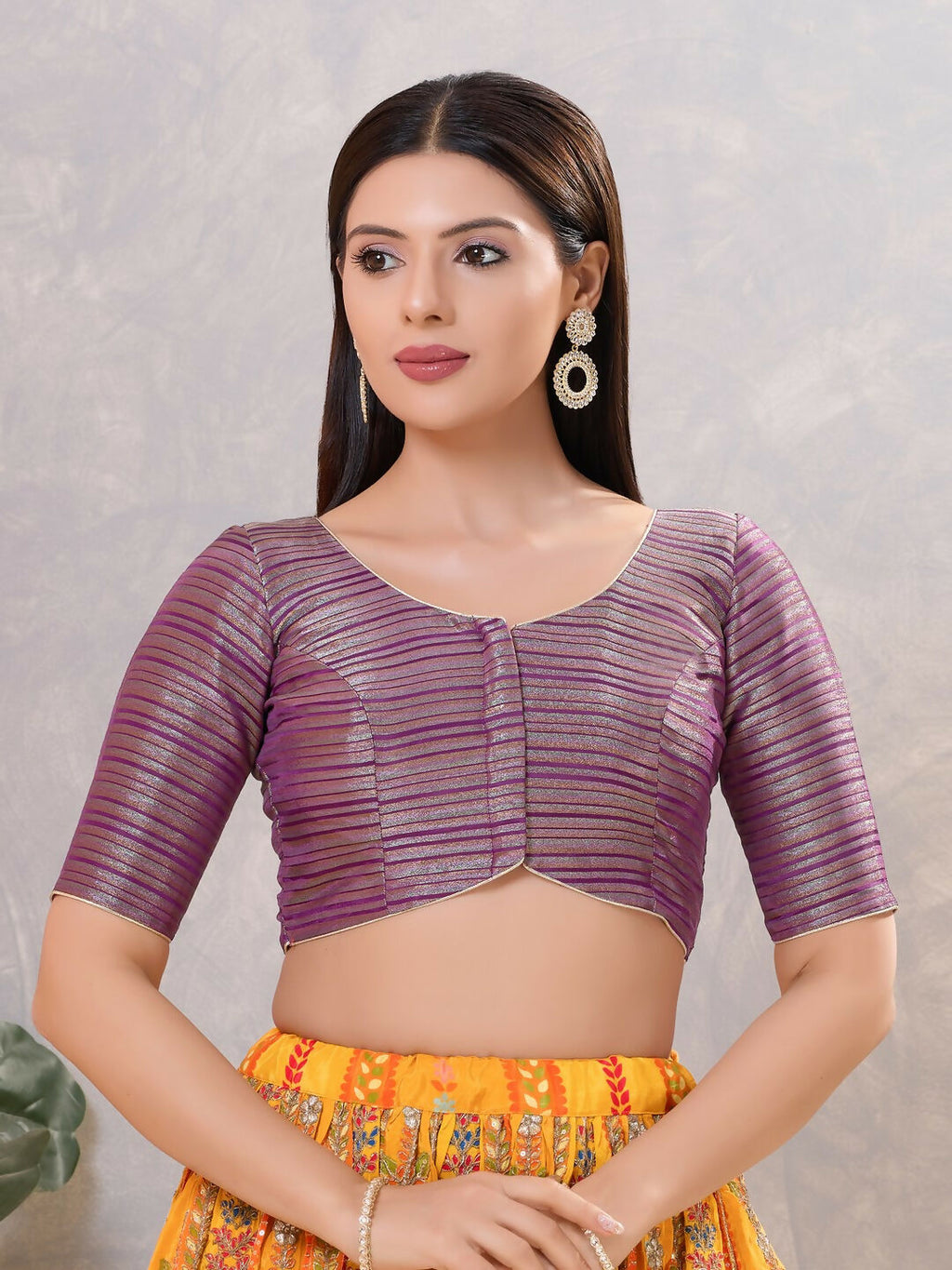 Purple silk stitched blouse with V-neckline, front view