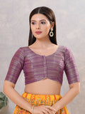 Purple silk stitched blouse with V-neckline, front view