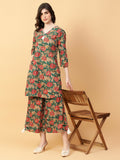 Green cotton co-ord set featuring artisan hand-work and printed design