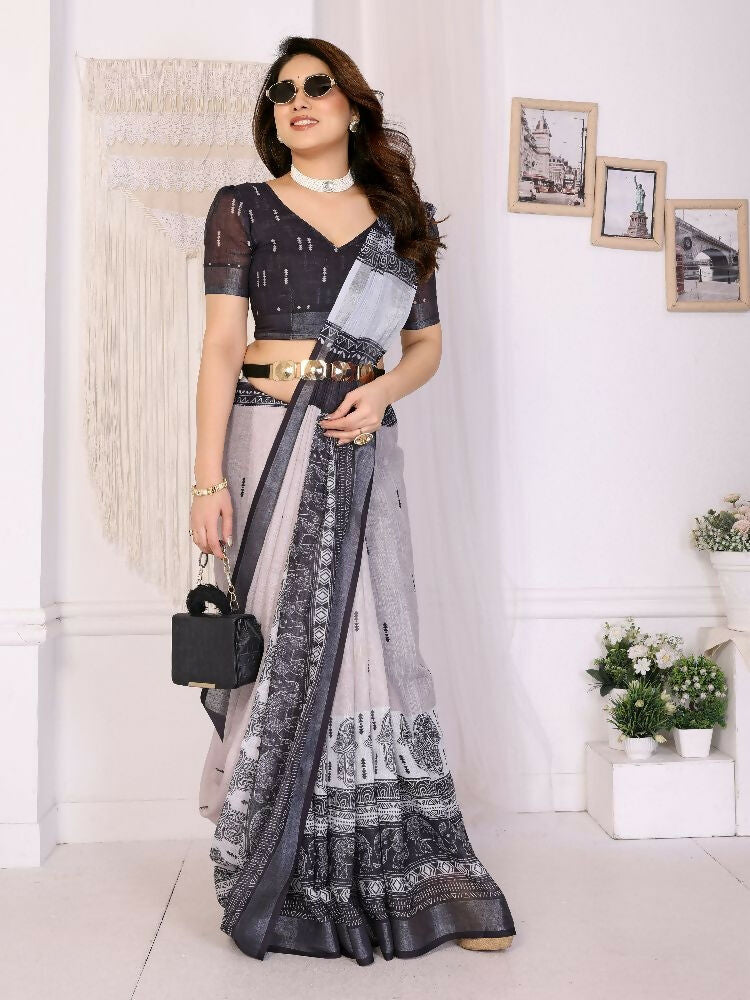 Black Handloom Linen Cotton Zari Saree with Festive Border