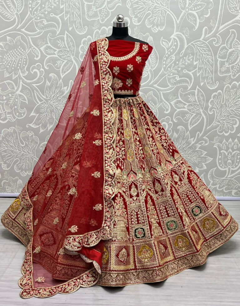 Red Velvet Wedding Lehenga Choli with dori work and diamond embroidery