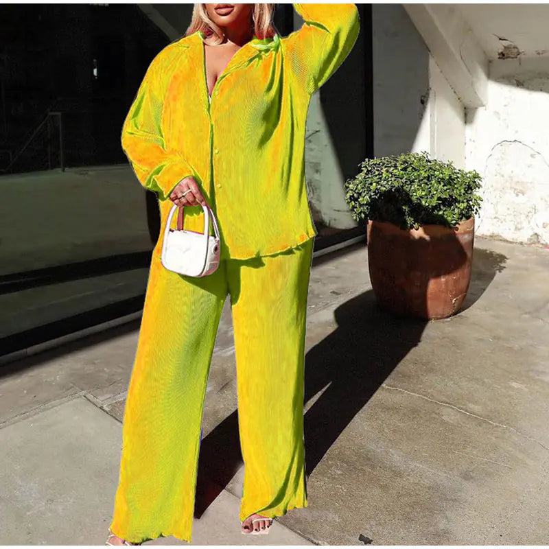 Women's Pleated Casual Button Down Shirt and Wide Leg Pant Set - Image 3