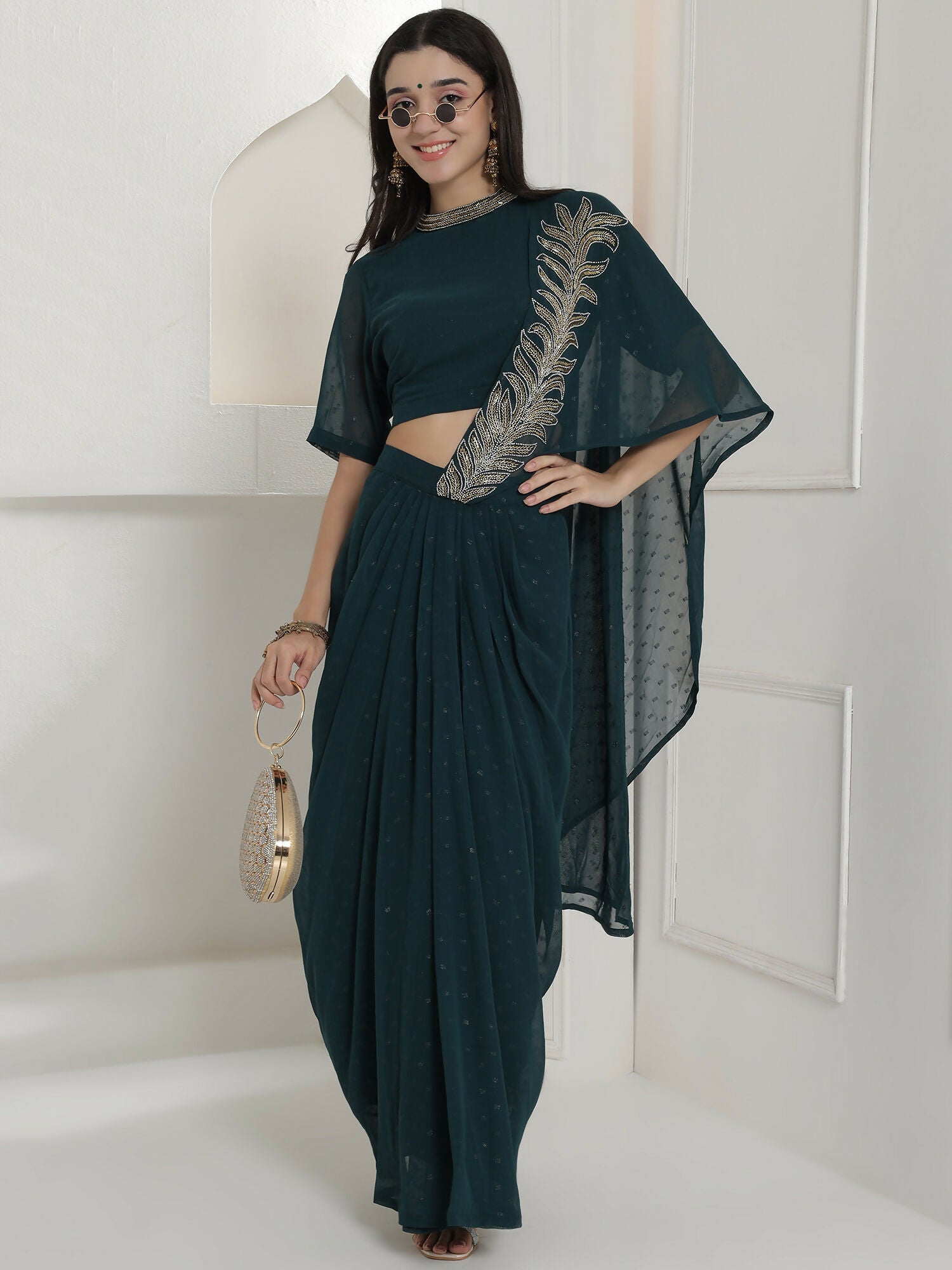 Green Georgette Drape Skirt Set with Hand Embellishment
