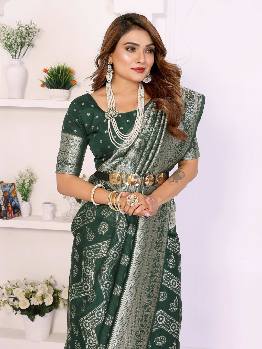 Green Georgette Silk Leheriya Saree with Zari Weaving
