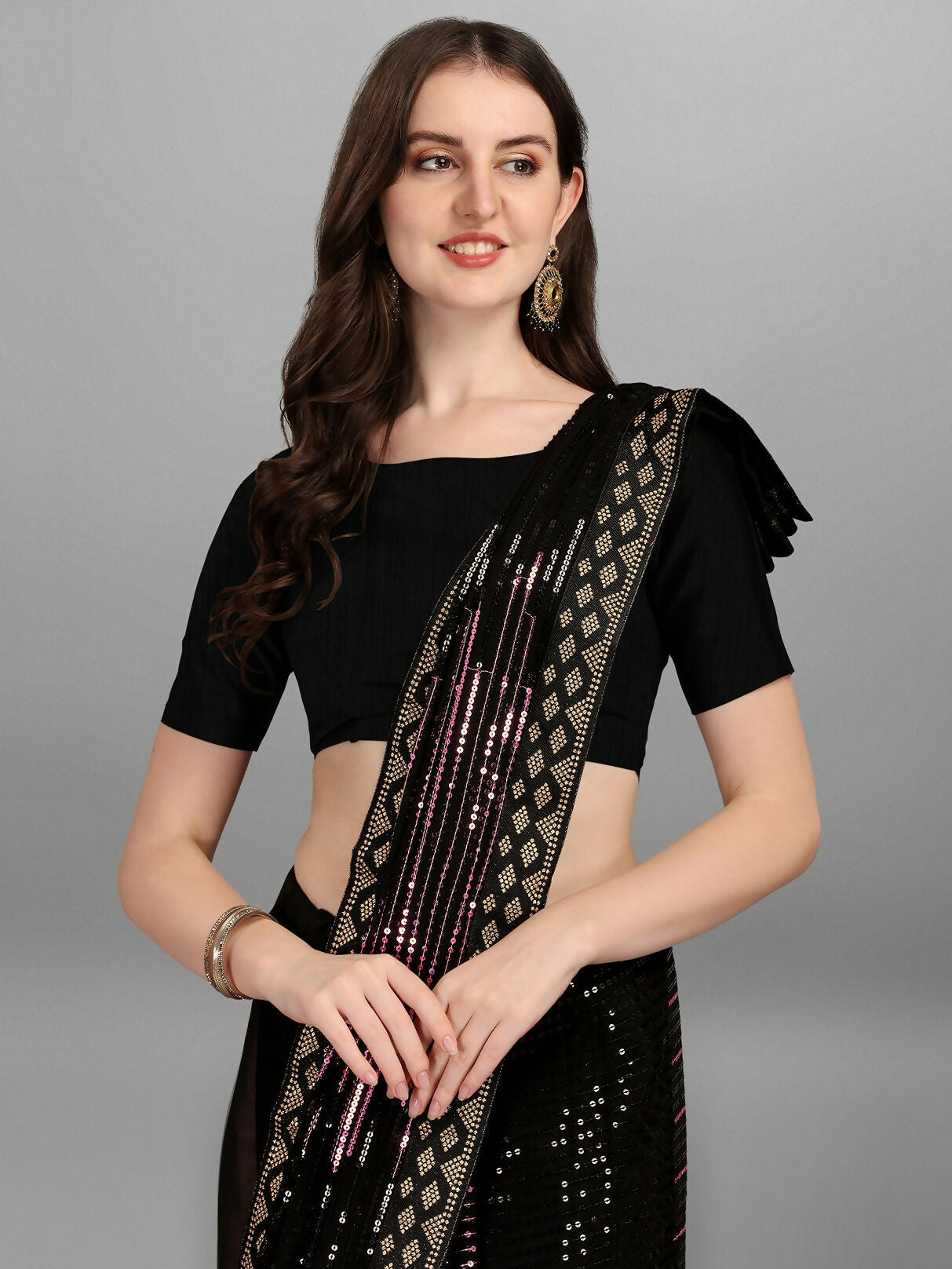 Vegaa Fashion Black Georgette Embroidered Party Wear Saree