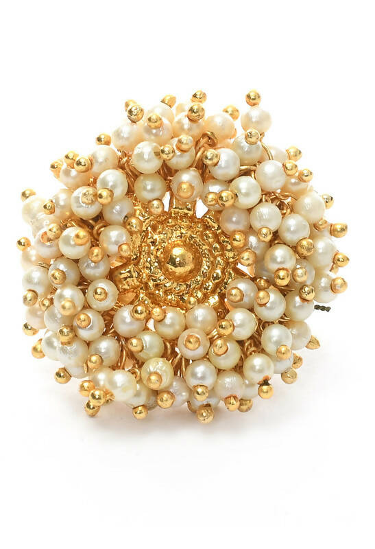 Joharkamal Gold-Polished Off White Bead Bangle and Ring Set