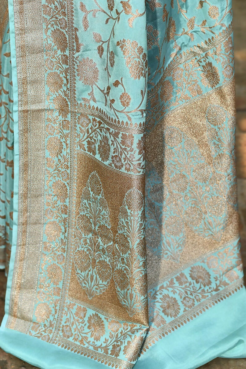 Aqua Crepe Chiffon Handloom Banarasi Silk Saree for Wedding