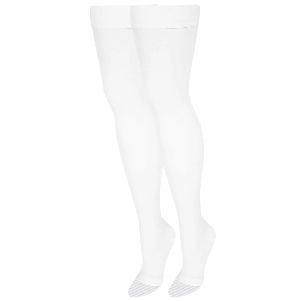 NuVein Medical Compression Stockings 20-30 mmHg Support Women & Men Thigh Length Hose Open Toe White Large