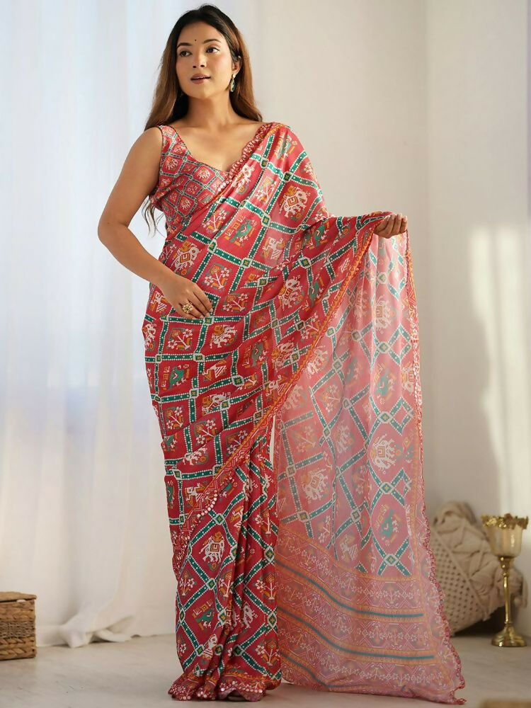 Red Georgette Digital Print Saree with Intricate Mirror Work