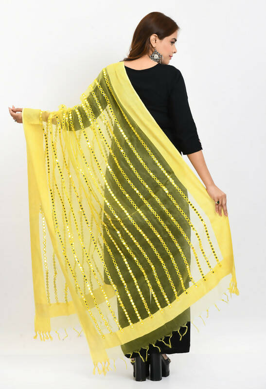 Lemon Yellow Organza Dupatta with Mirror Stripe Thread Work