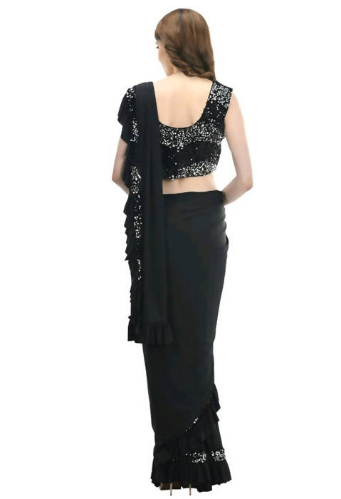 Black Ruffled Ready To Wear Saree with Sequence Embroidered Blouse