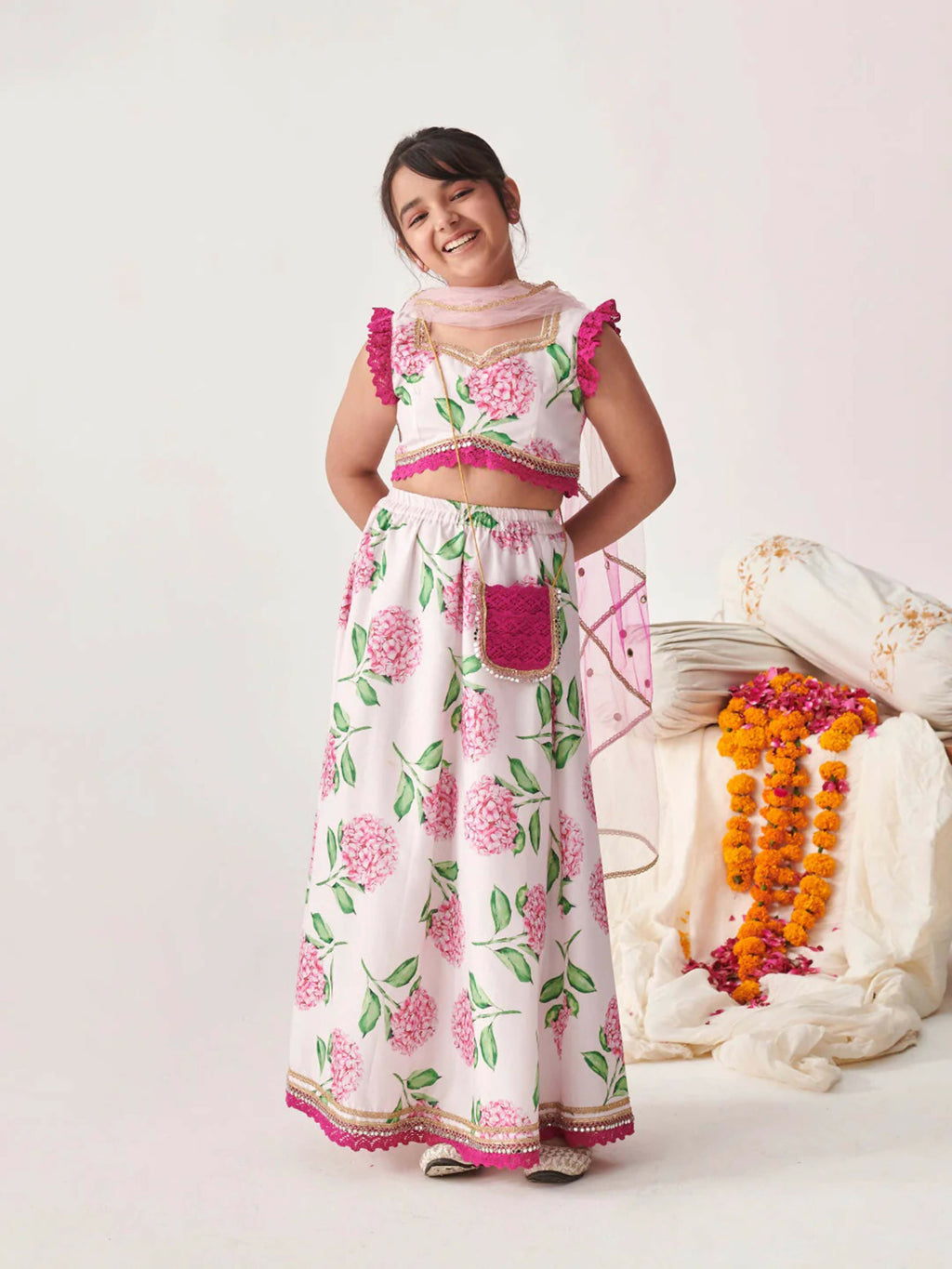 Girl's Pink & White Lehenga Choli Set with Cotton Skirt