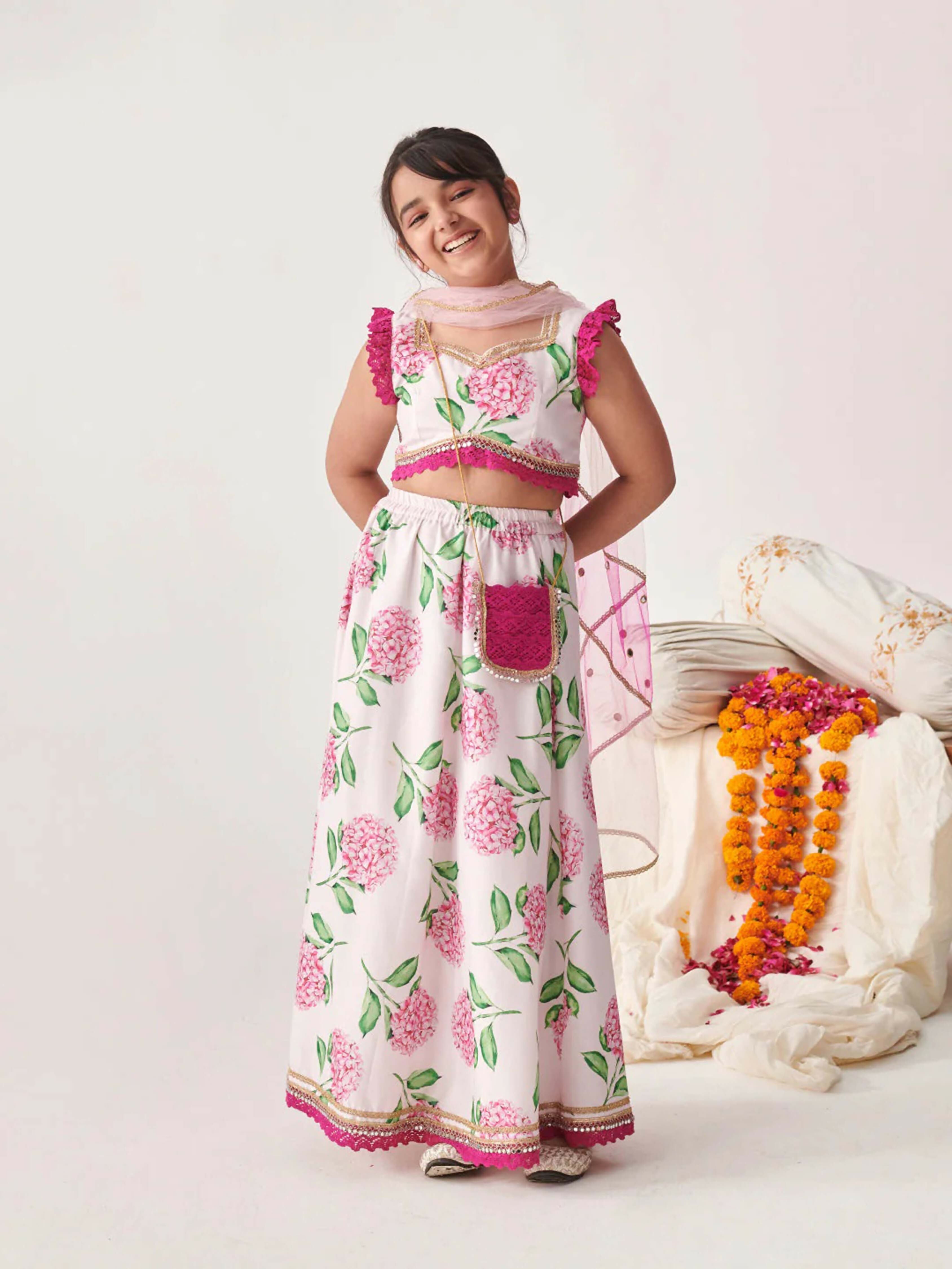 Girl's Pink & White Lehenga Choli Set with Cotton Skirt
