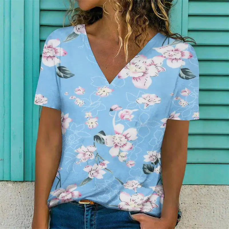 Women's V-Neck Casual Floral Print Short Sleeve T-Shirt