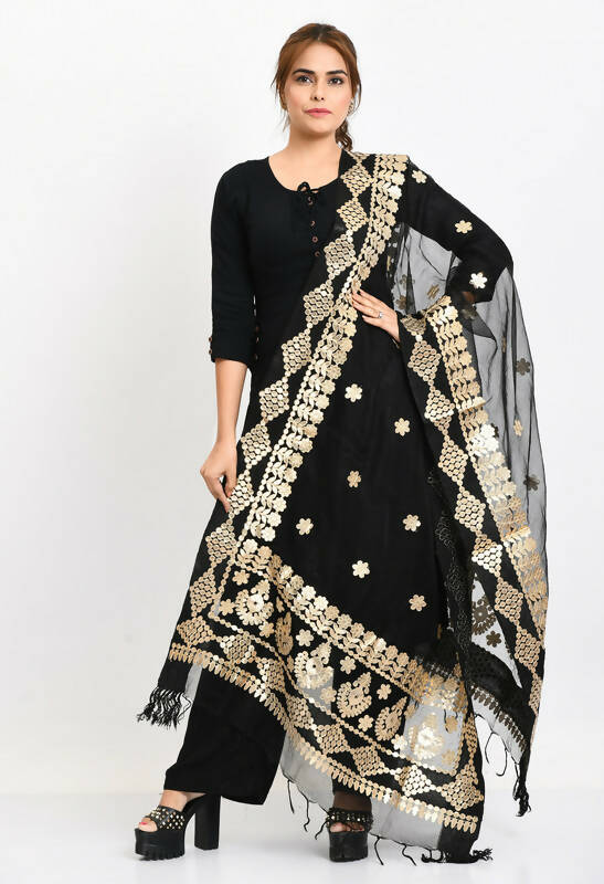 Black organza bridal dupatta with gold Gotta Patti embroidery