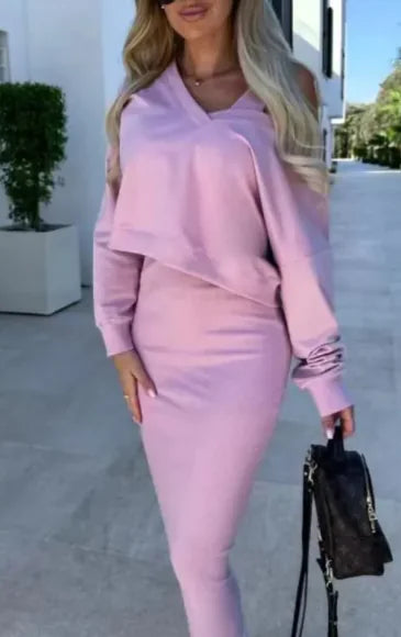 Women's V-Neck Long Sleeve Sweater Top and Midi Skirt Set - Image 22