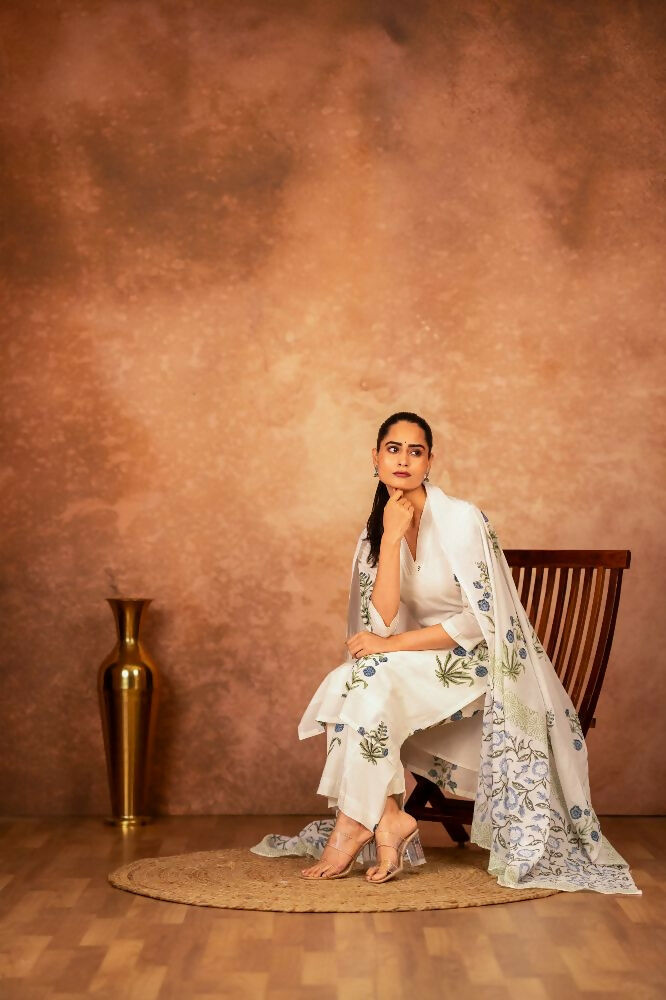 Off White and Blue Hand Block Printed Cotton Suit Set
