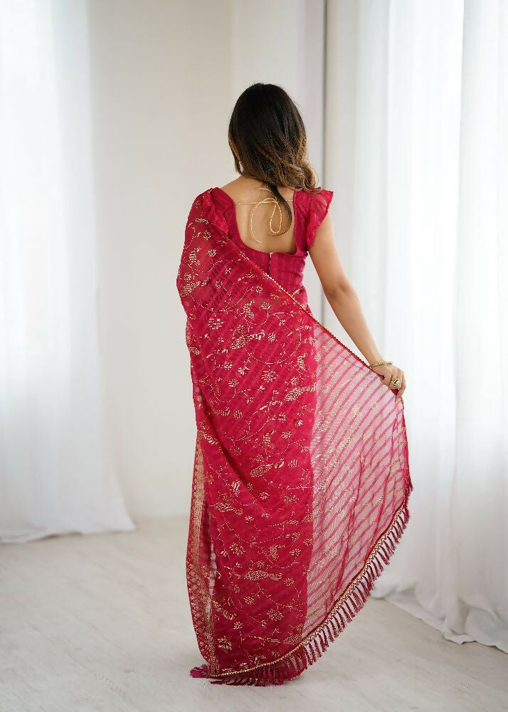 Pink Georgette Saree with Foil Work and Zalar Lace
