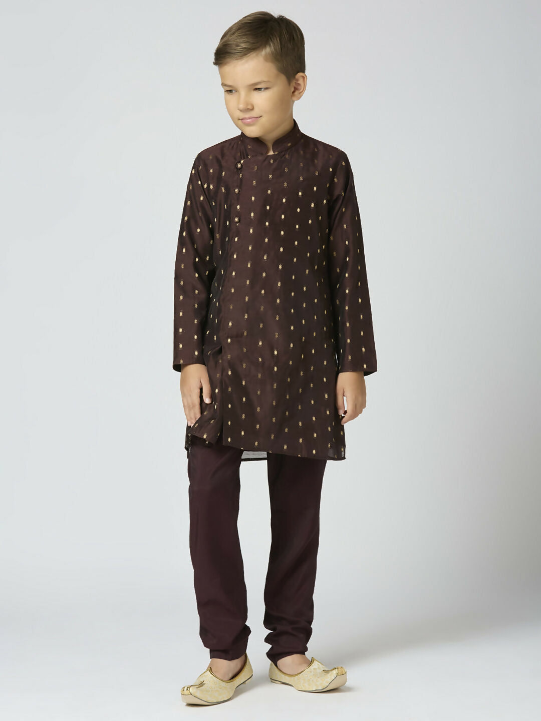 Boys Brown Chanderi Kurta and Pyjama Set with Butta Work