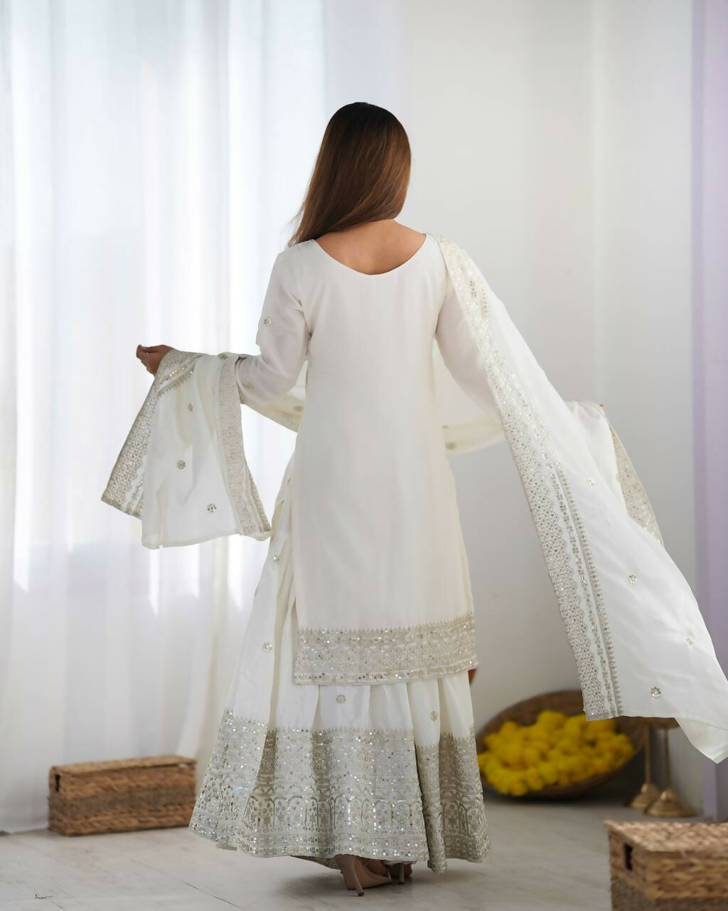 White Silk Kurta Set with Zari, Sequins & Thread Embroidery