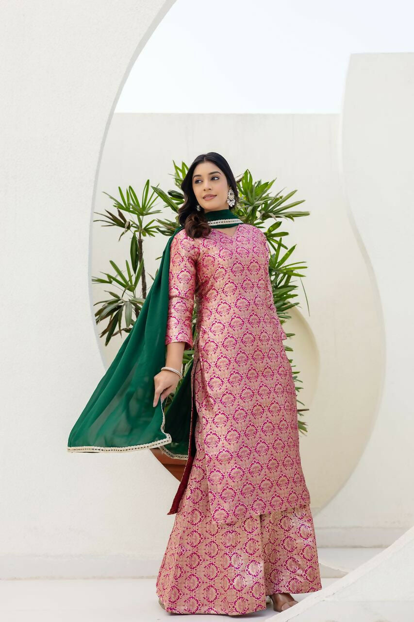 Pink Jacquard Embroidered Sharara Set with Matching Kurti & Pant