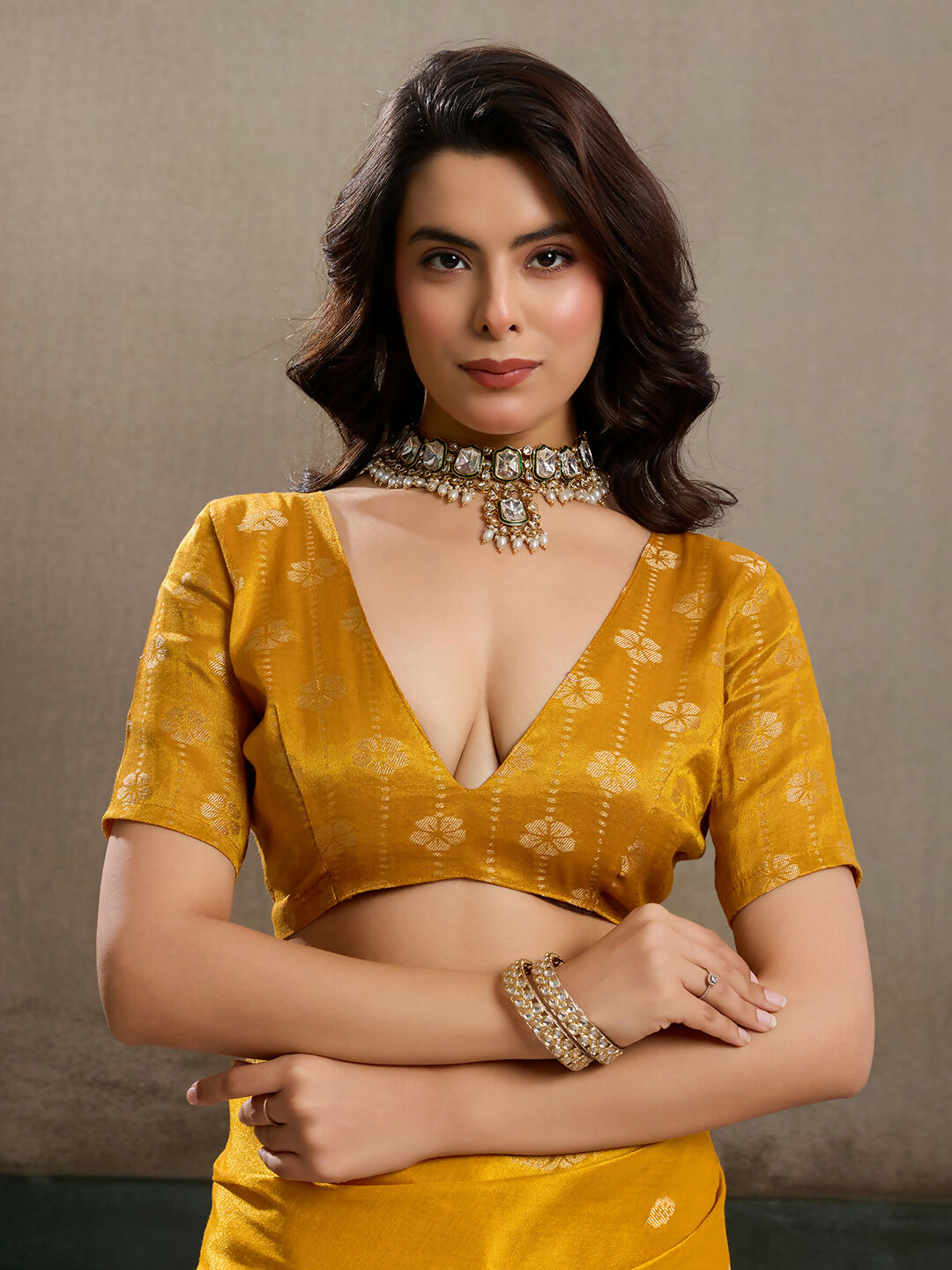 Mustard Yellow Tissue Silk Saree with Matching Blouse