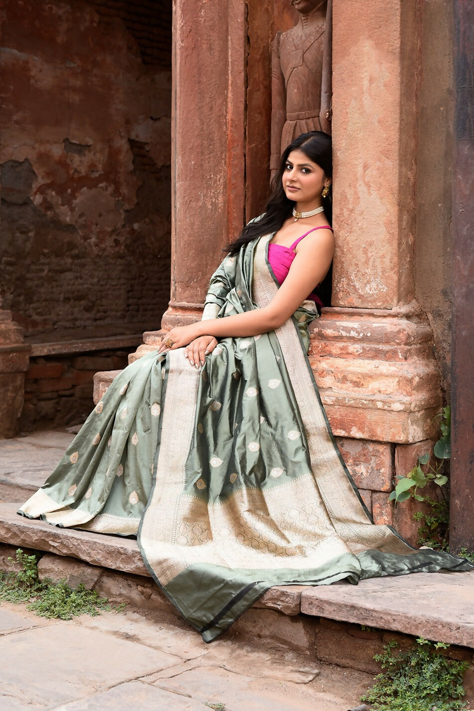 Dusty Olive Banarasi Katan Pure Handloom Silk Saree