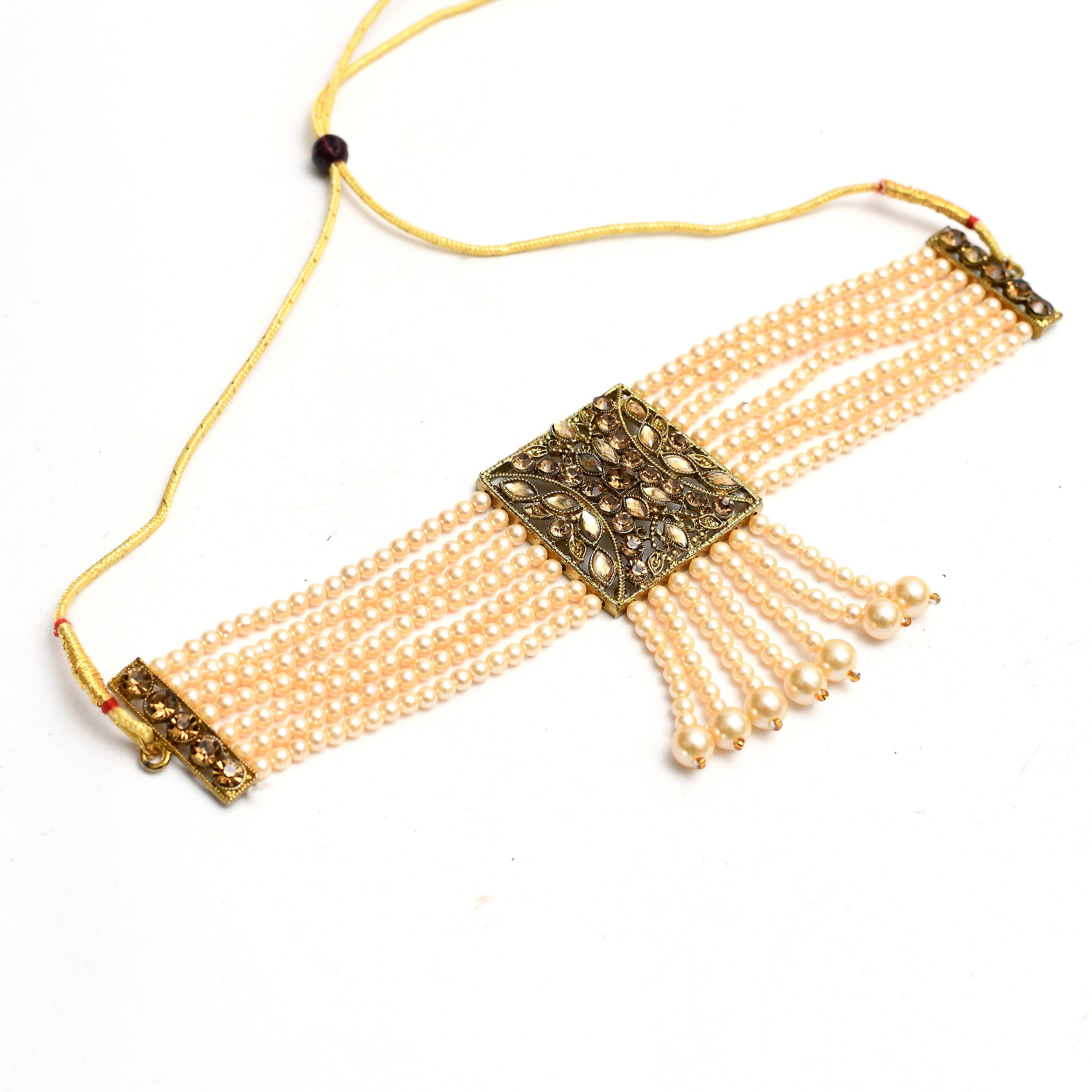 Off White Kundan & Pearls Choker Necklace Set in Golden Brass