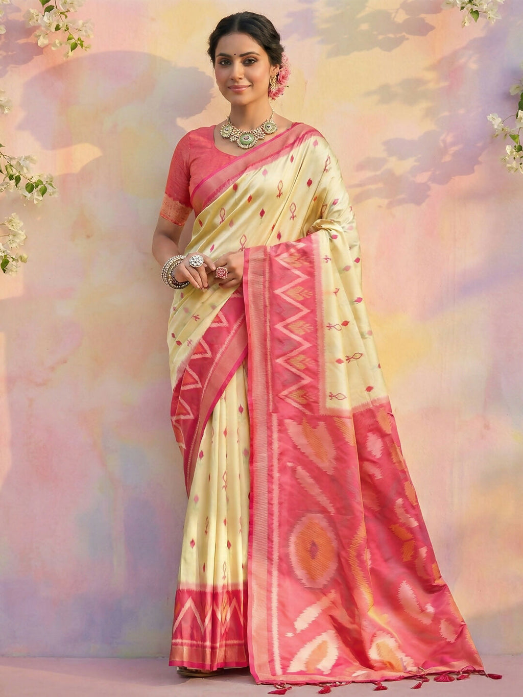 Luxurious cream soft silk saree with a smooth, elegant texture and matching blouse.