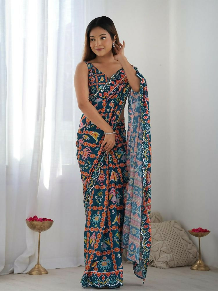 Dark blue georgette saree featuring digital print and mirror work