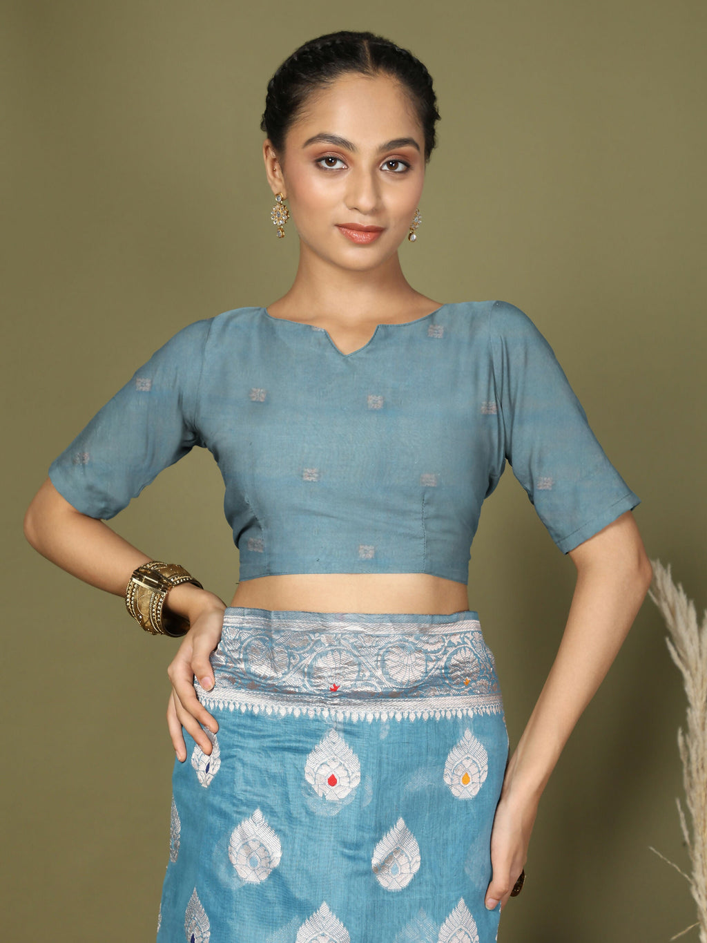 Sky Blue Linen Cotton Saree with Matching Blouse