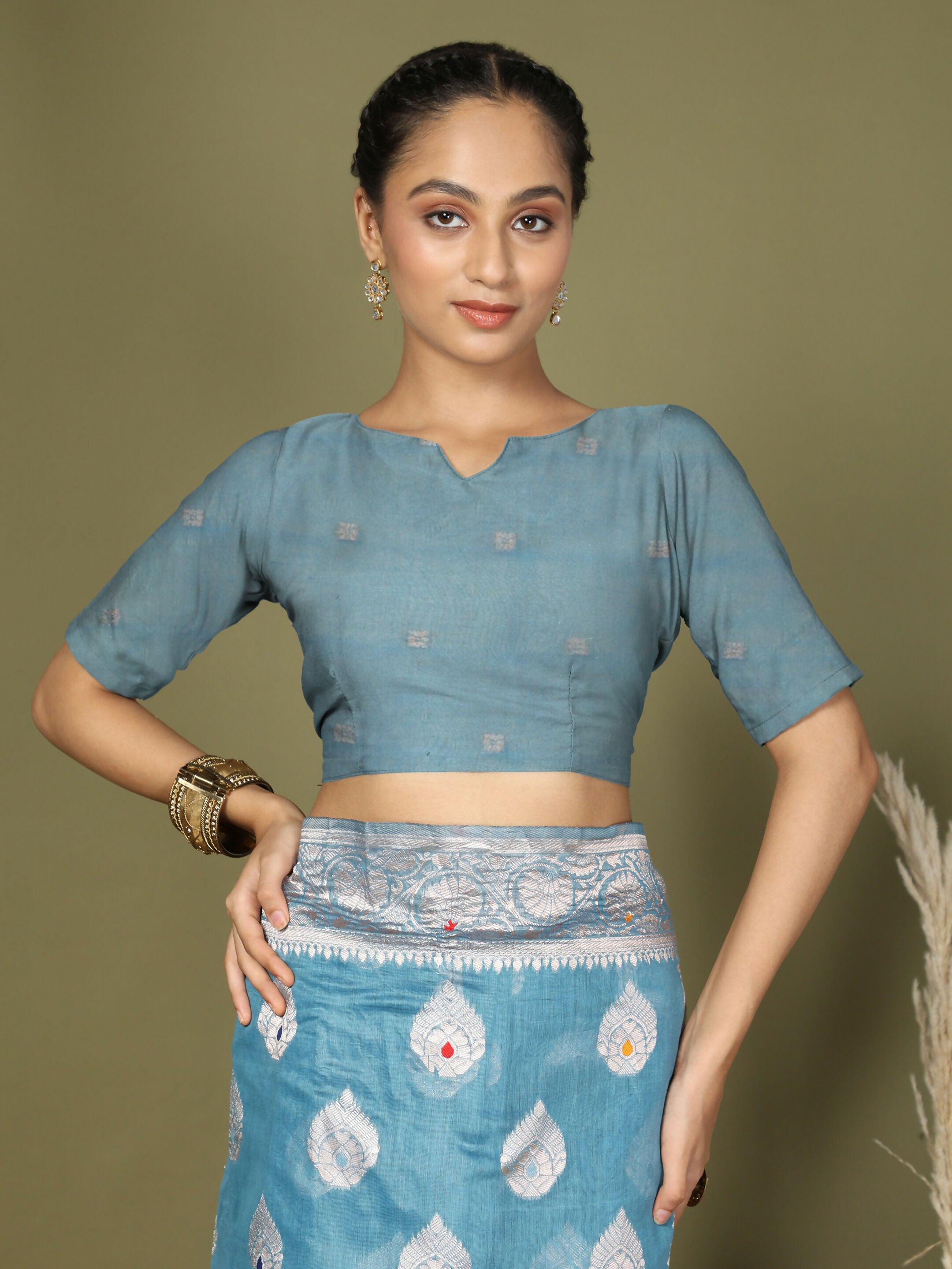 Sky Blue Linen Cotton Saree with Matching Blouse
