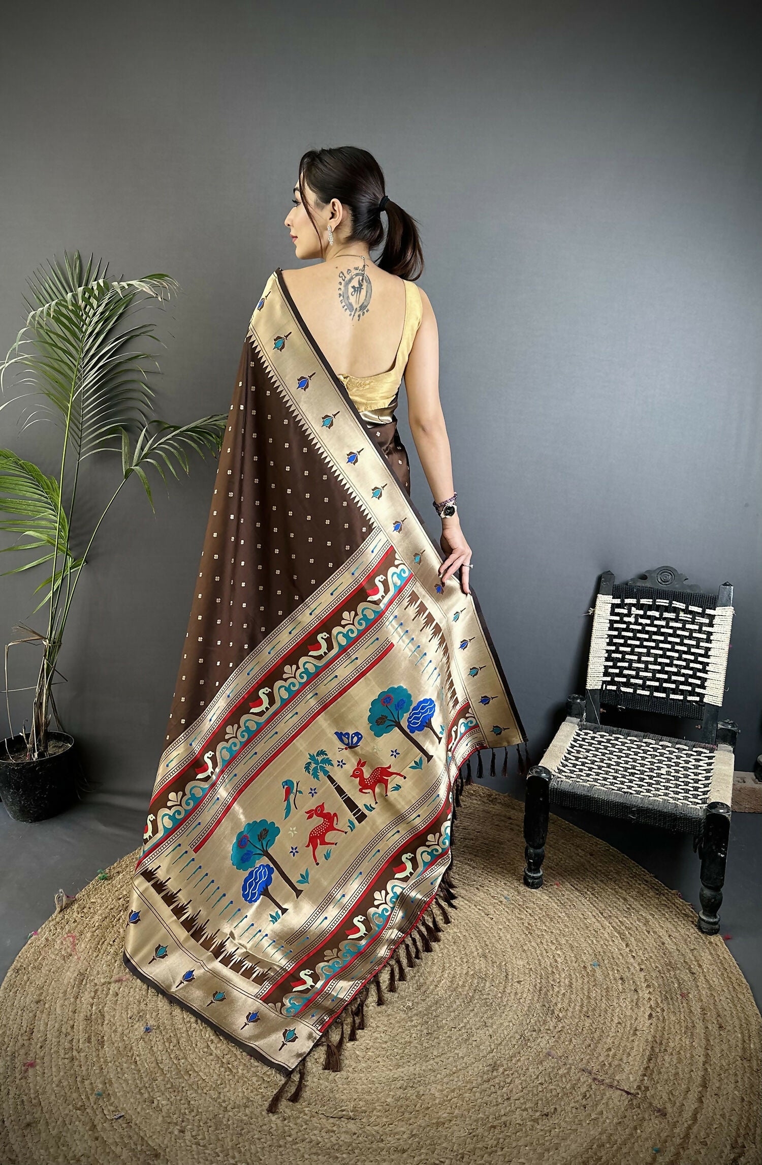Brown Peacock & Floral Motif Soft Lichi Silk Kanchipuram Saree