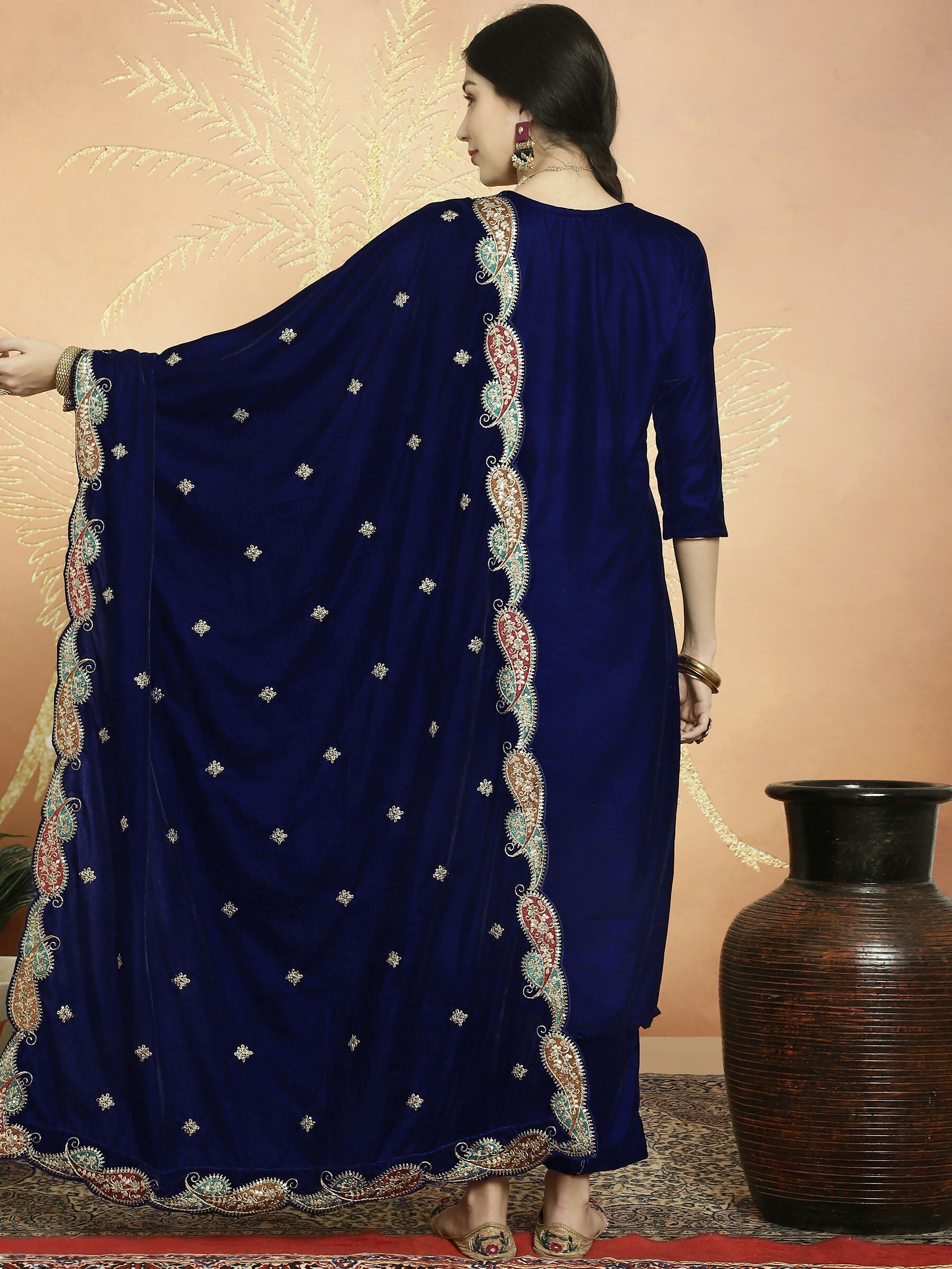 Navy Blue Velvet Straight Kurta Set with Sequin & Resham Thread