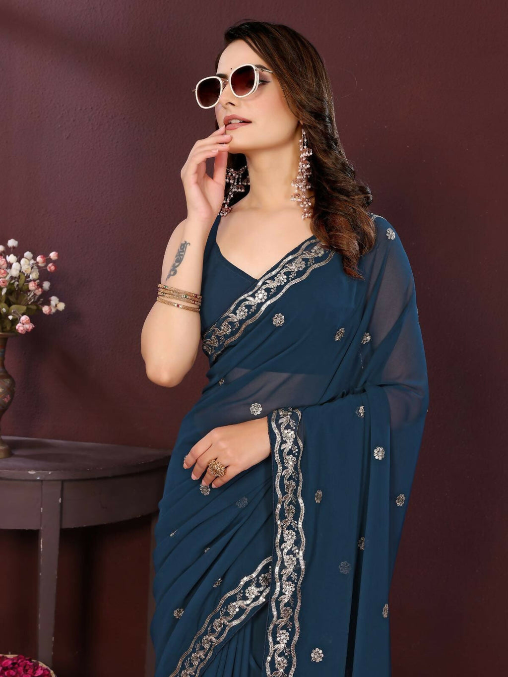 Teal Soft Georgette Embroidered Party Wear Saree with Blouse